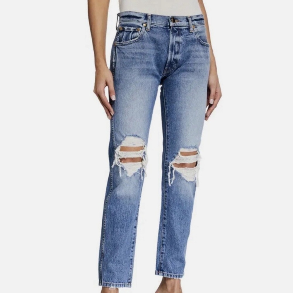 KHAITE Straight stovepipe jeans in blue Rigid Denim Distressed Women 26 New
